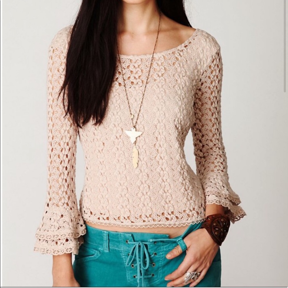 Free People Top Crochet Bell Sleeve Crop Beige sz S